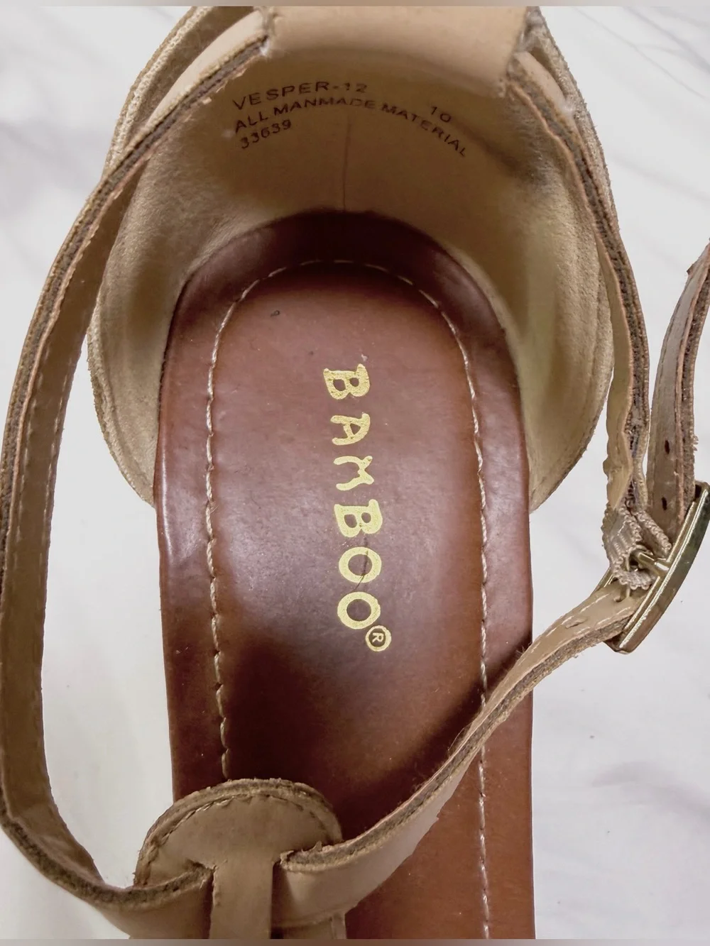 BAMBOO Vesper-12 Size 10 Beige Laser Cut T Strap Cork Wedge Sandals